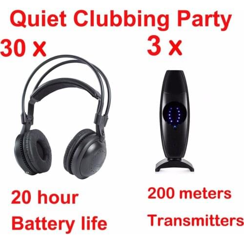 Professional Silent Disco compete system wireless headphones - Quiet Clubbing Party Bundle (30 Headphones + 3 Transmitters)