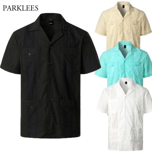 Revere Collar Cuban Guayabera Shirt Men Short Sleeve Casual Button Down Embroidery Mens Shirts Soft Breathable Solid Color Shirt