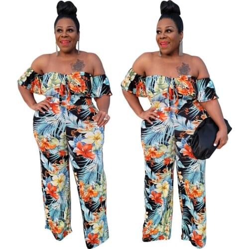 Sexy Off The Shoulder Jumpsuit Women Vintage Flower Printed Wide Leg Rompers One Piece Long Playsuit Beach Outfits Plus Size 5XL