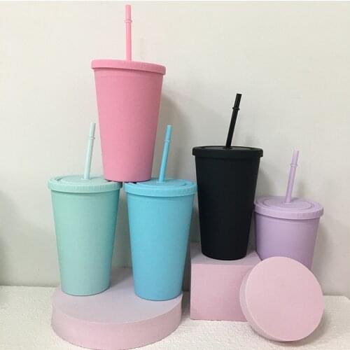 New 16oz Acrylic Macron Cone Tumbler Plastic Cup With Lid Straw Double Wall Water Bottle Insulated For Christmas Gift