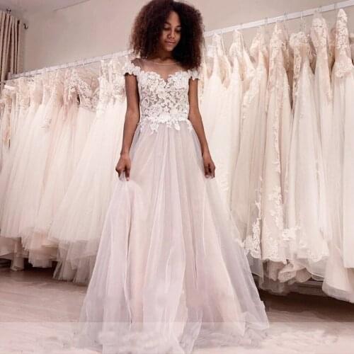 O Neck Short Sleeves Wedding Dress 2021 Wedding Gowns Bridal Dress Lace Appliques vestido de noiva Floor Length Custom Made