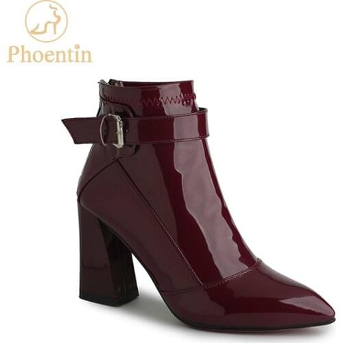 Wine red booties 2018 woman with back zipper patent leather buckle motocycle boots black pointed toe hoof heels PHOENTIN PH080