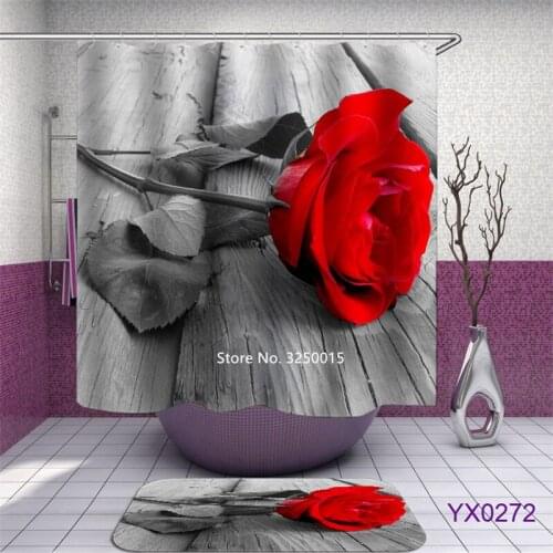 3D Digital Printing Red Rose Shower Curtain Yunwu Mountain Bathroom Partition Waterproof and Mildew Proof Curtain Belt Hook
