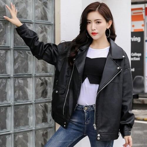 Black Beige Short Faux PU Leather Outerwear Women Spring Autumn Slim Turndown collar Long sleeve Casual Biker Jacket Plus size