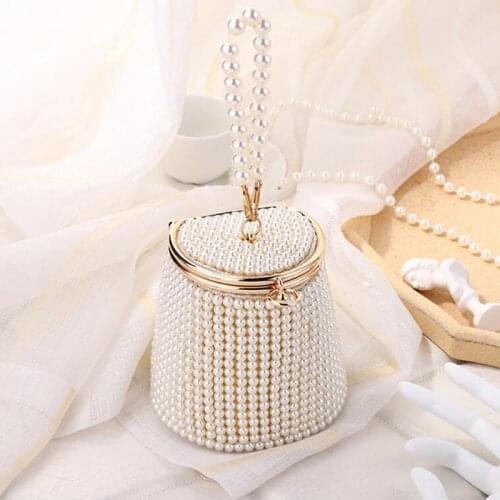 Mini Pearls Bucket Evening Bag Women New Chic Beading Wedding Bridal Clutch Purse Female Handmade Small Handbags Dinner Party