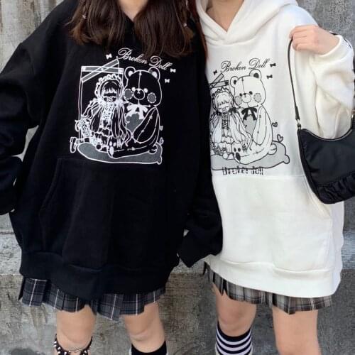 Y2k Hoodies Vintage Cartoon Print Pullover Autumn Thick Warm Long Sleeve Hoodies OverSize Loose Women Sweatshirts Anime goth top