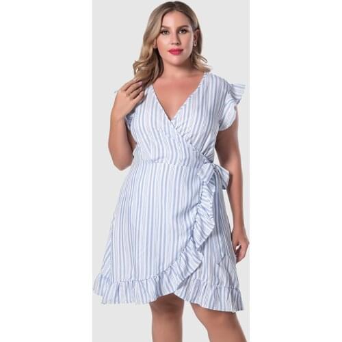 Elegant Women Blue Striped Short Sleeve Dress V-neck Ruffles Party Dress 2021 New Summer Clothes Beach Knee Length Vestidos