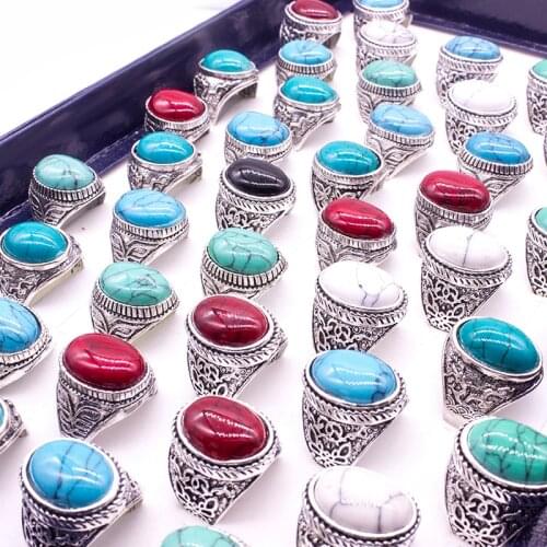20 Pieces Mix Vintage Stone Ring for Women Men Fashion Jewelry Silver Plated Punk Retro Finger Statement Ring for Party Gift