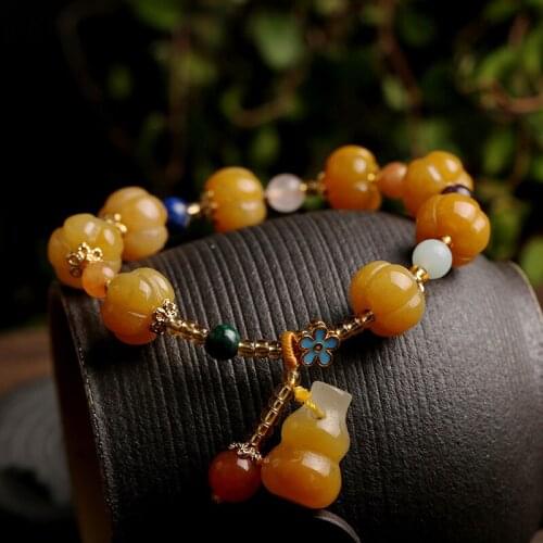 Natural Gold Jade Pumpkin Gourd Bracelets Women Agate Jade Beads Bracelet Bangle Charms Healing Energy Rosary Gift Lucky Jewelry