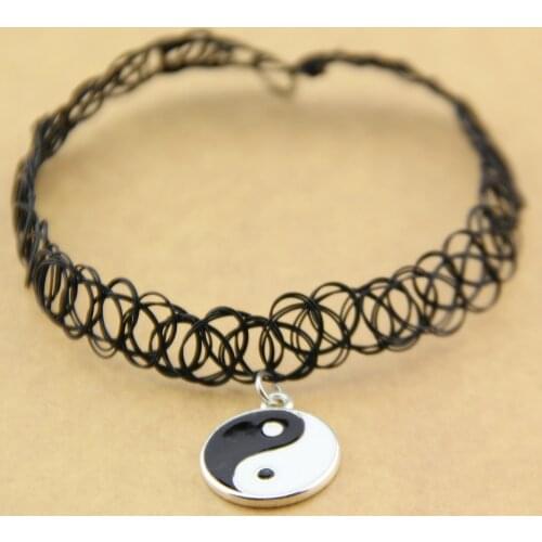 80s 90s 00s Yin Yang TaiJi Elastic Tattoo Choker Necklace Pendant 90s 1990s Festival hot fashion Black Wholesale tibetan silver