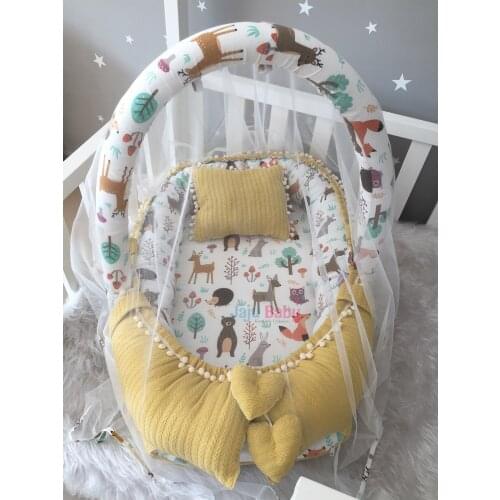 Jaju Baby Handmade, Yellow Knit Pique Fabric and Forest Muslin Fabric Pompom Babynest Toy Apparatus and Tulle Set