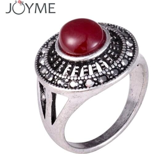 Joyme Punk Black Gem Trendy Turkish Ethnic Jewelry Round Green Resin Stone Retro Tibetan Silver Fashion Male Rings