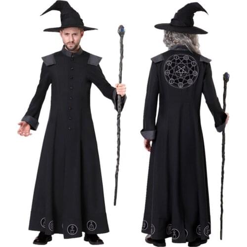 Purim Carnival Halloween Costumes Skull Wizard Magician Costume for Men Witch Cosplay for Women Fancy Cosplay Robe Gown