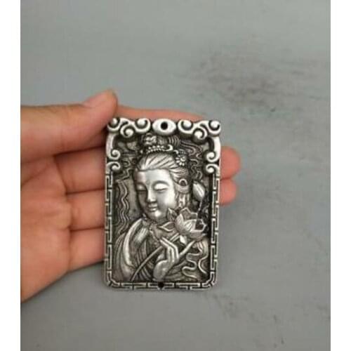 Collection Tibetan silver hand carved lotus bodhisattva amulet pendant