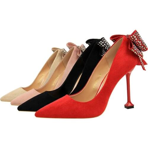 Korean version sexy nightclub fine heel ultra high suede, shallow mouth, sharp head, rhinestone bow knot womens single shoes