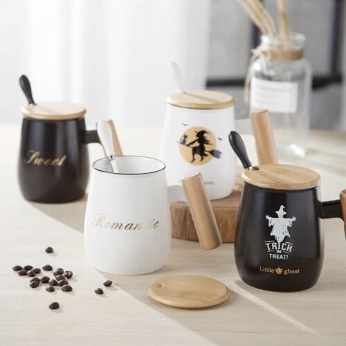 Creative Ceramic Mug Wooden Handle Ceramic Coffee Cup Wooden Lid with Spoon Office Couple Gift Mug Simple Tea Set Multi-purpose