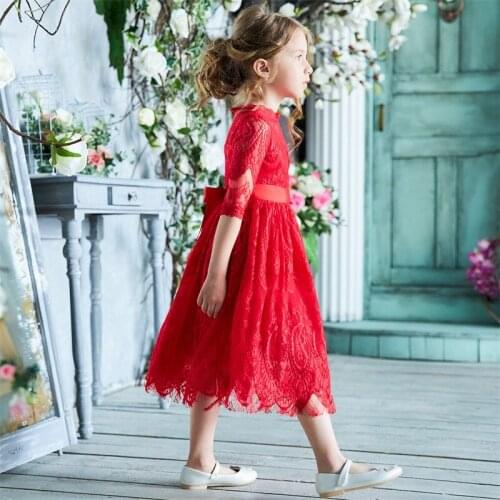 Girls Lace Dress Red Dress Flower Design Princess Dress Sleeveless Party Ball Gown Mesh Dress for Girls 3-8Y Casual Clothing