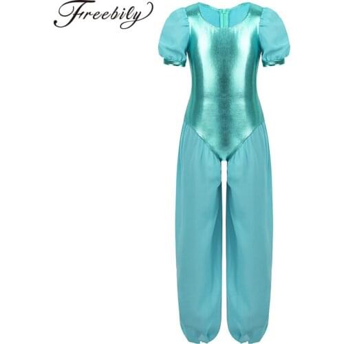 Kids Girls Princess Lyrical Dance Costume Puff Sleeves Metallic Chiffon Ballet Gymnastics Leotard Jumpsuit Unitard Dancewear