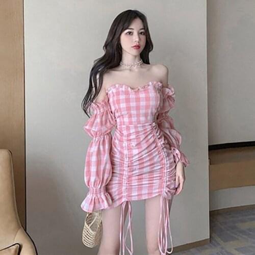 Sweet Pink Grid Dress Summer One-shouldered Fairy Dress 2020 Collect Waist Temperament Package Buttocks Short Draw String