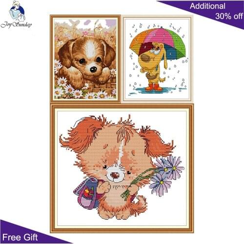 Joy Sunday Cute Pupy DA397 DA411 KB096 14CT 11CT Stamped and Counted Home Decor Umbrella Flower Dog Needlework Cross Stitch Kits