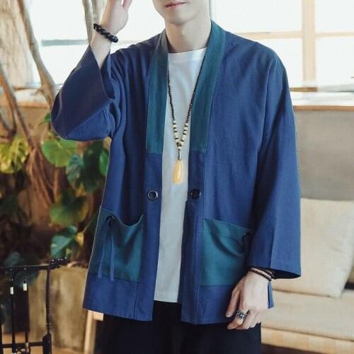 Mens Vintage Jacket Japanese Linen Kimono Coat Loose Tops Cardigan Outwear New Versatile Long Sleeve Comfort 2020 Hot