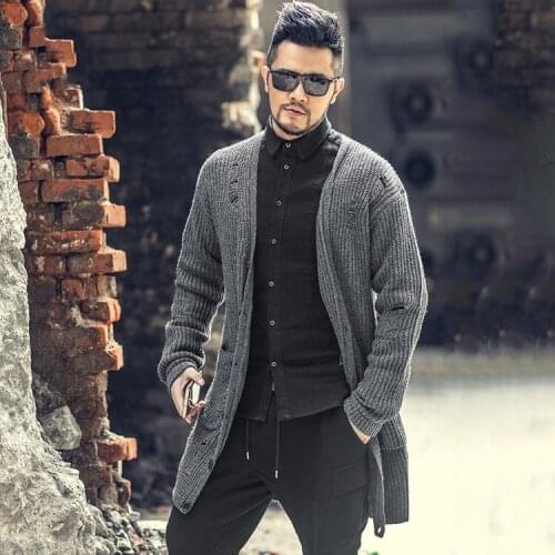 Spring new thickened hole mens long cardigan sweater wool coat mens loose sweater j6008