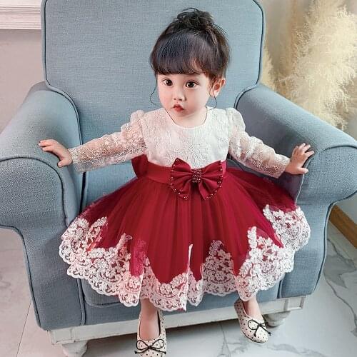 New Female Baby Dress One-year-old Dress Baby Birthday Dress Lace Hollow Long-sleeved Flower Girl Full Moon Dress