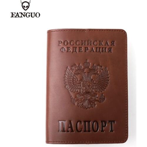 With Russian Federation Embossed Pattern Passport Cover Genuine Leather Bussiness Passport Case For Travel With Free Key Ring