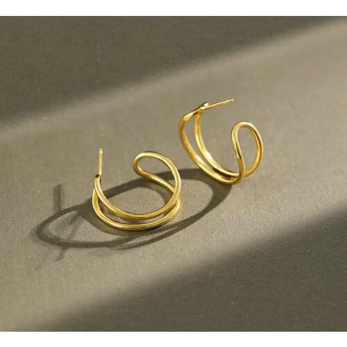 18mm INS 100% Authentic 925 Sterling silver Gold Glossy Hollow Double Rows Geometric Stud earrings jEWELRY TLE990