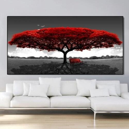 Modern Scenery Wall Art Pictures Purple Yellow Red Tree Canvas Painting Plant Bench Landscape Posters and Prints for Home Decor