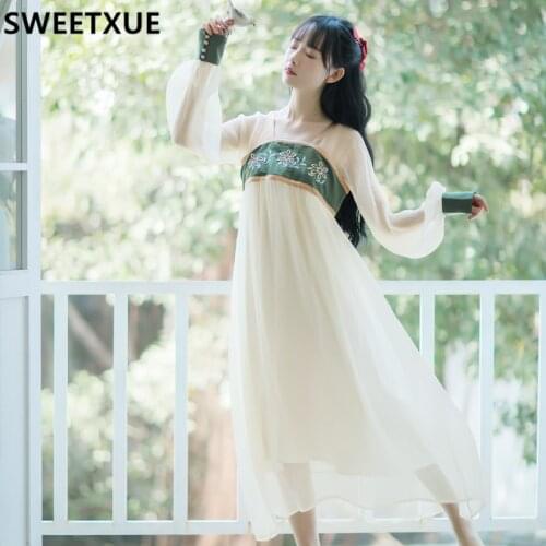 SWEETXUE Female 2021 Spring Literary Vintage Chinese Style Hanfu Womens Square Collar Comfortable Casual Loose Chiffon Dress