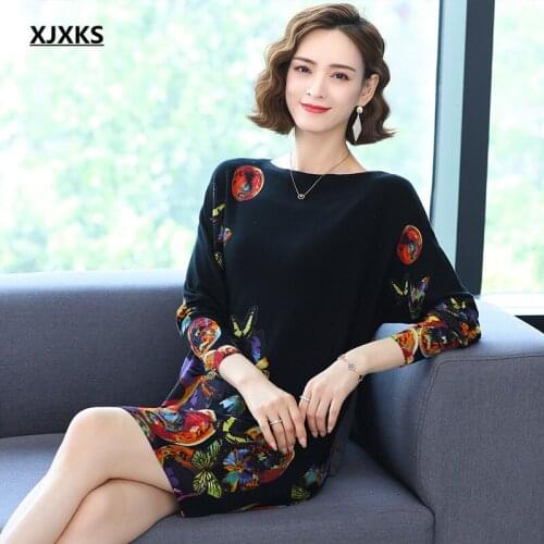 XJXKS 2021 autumn winter new loose plus size women printed dress high-end wool knitted long sweater women pullover