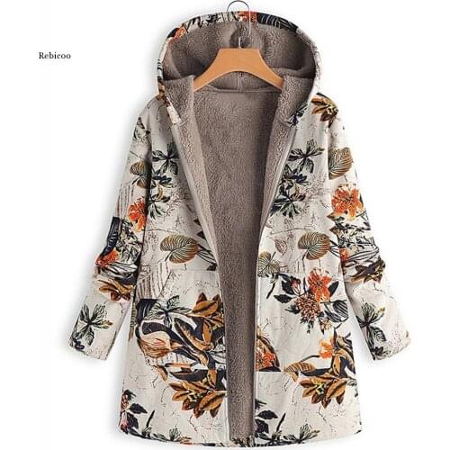 Leaves Floral Print Warm Coat Women Winter Long Sleeve Hooded Jacket Fluffy Fur Fleece Cozy Zipper Outwear S-5XL