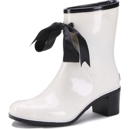 29-098 TONGPU High Heel Womens Half Rain Boots with Front Ribbon Bowtie