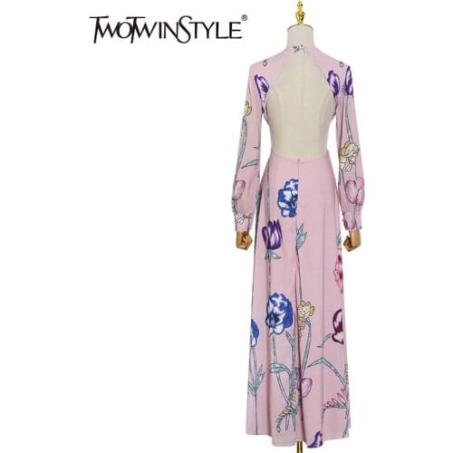 TWOTWINSTYLE Print Backless Dress For Women O Neck Lantern Long Sleeve High Waist Floor Length Dresses Female 2021 Fashion Style