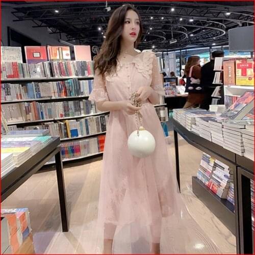 Women Dresses 2021 Summer Mesh Stitching Lace Dress for Beaded Dress Women Vestido De Mujer Femme Robe