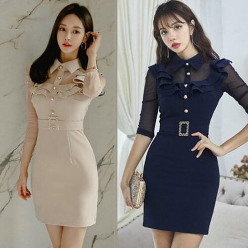 Spring Summer Fashion Turn-down Collar Splicing Gauze Dress Women Ruffles Sheath Office Wear Grace Dress Vestidos
