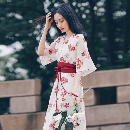 Bella Philosophy New Retro Chiffon Dress Summer Women High Waist Chinese Style Bow Half Sleeve Midi Dress Floral Print dress