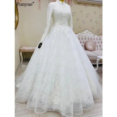 Funyue Islamic Ivory Muslim Wedding Gowns High Neck Long Sleeve Lace Bridal Dress Elegant Vestidos De Novia 2021