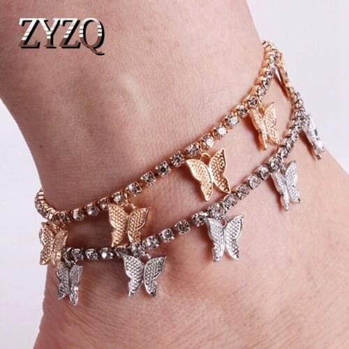 ZYZQ Crystal Butterfly Anklets For Women Rhinestone Bracelet Beach Foot Chain Sweet Temperament Jewelry Ankle Bracelets