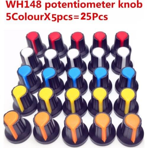25pcs 5color WH148 Potentiometer Knob Cap(Copper Core) 15X17mm 6mm Shaft Hole AG3 Yellow Orange Blue White Red 5color*5PCS=25PCS