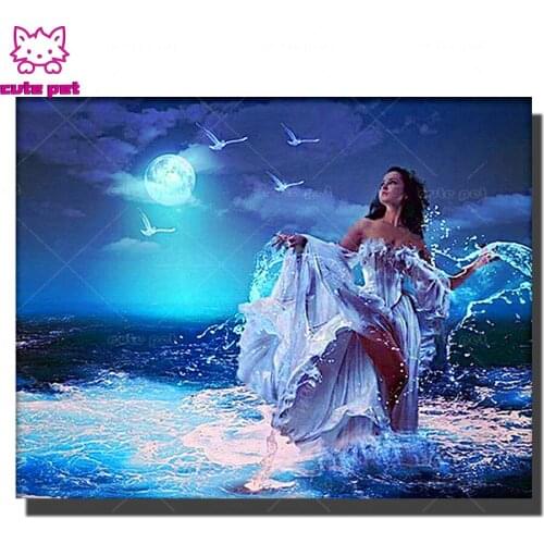 Diamond Painting Full Square Diamond Embroidery seascape Girl Portrait Crystal Painting Diamond Mosaic Woman Cross Stitch Kit