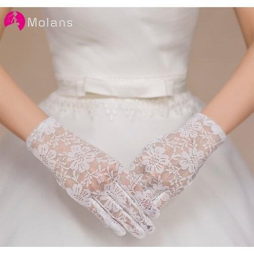 Molans Satin Bridal Gloves Short Lace Trim Ivory Wedding Bridal Accessory Wrist Length Wedding Glove 4 Color