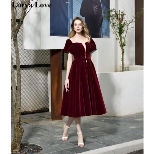 Burgundy Prom Dresses 2020 Women Jurken Velour Sheer Neck Long Sleeves Tea Length Elegant Wine Red Formal Party Evening Gowns