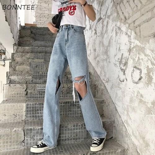 Jeans Women Summer Trendy New All-match Simple Loose High Waist Soft Chic Fit Ulzzang Ins Retro Hole Female Leisure Daily Pocket