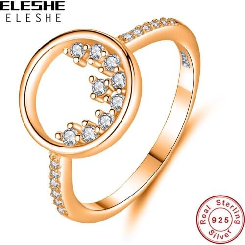 ELESHE 925 Sterling Silver North Ring Rose Gold Popular Transparent Round Pattern Crystal Female Engagement Ring Romantic Gift