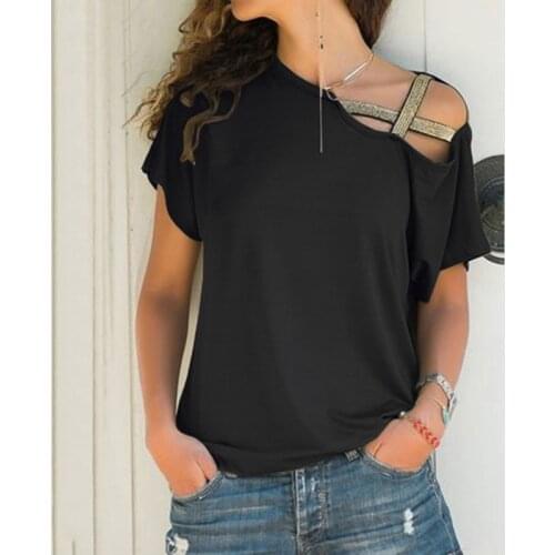 Summer Women Tops T Shirt Womens Tunic Cross One Shoulder Short Sleeve Tops Ladies Casual Loose T Shirt Clothes Plus Size