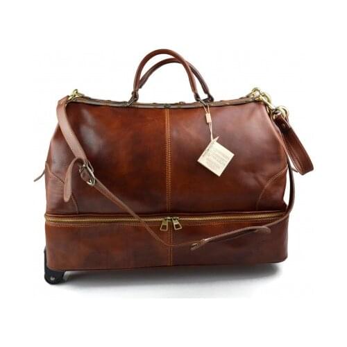 Leather trolley travel bag doctor bag weekender with wheels overnight brown