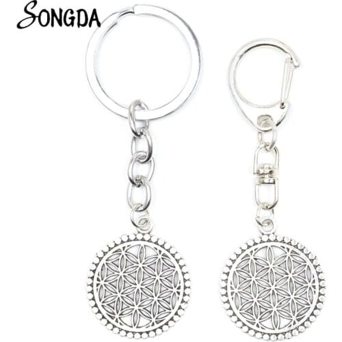 Round Datura Stramonium Flower Of Life Yoga Keychains Holder Silver Color Key Chains Key Rings for Car Bag Wholesale Jewelry