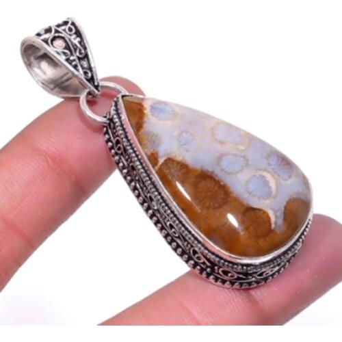 Fosil Coral, Silver Overlay on Copper Antique Pendant , 59mm, P5871